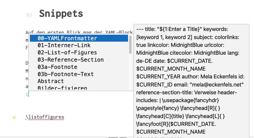 Screenshot of Zettlr's snippets selection menu.