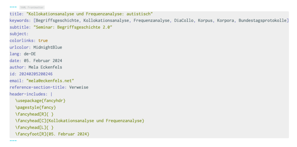 Screenshot Zettlr: The completed YAML Frontmatter of my text for collocation analysis
