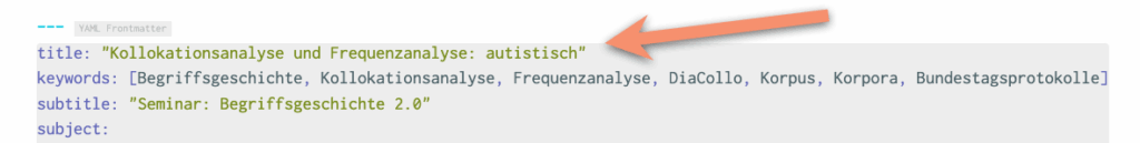 Screenshot Zettlr: Shows the title entry in the YAML frontmatter.